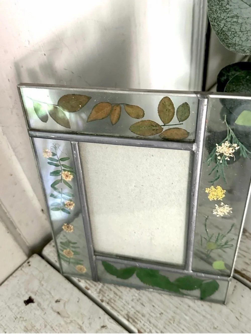 Vintage Dried Pressed Leaves Flowers Glass Picture Photo Frame for 3.5x5” Pic